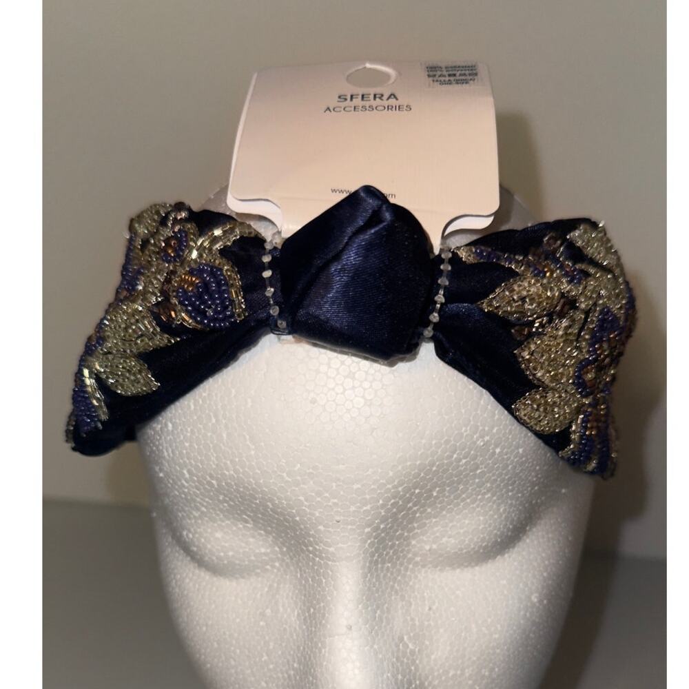Elegant Navy Beaded Headband with Gold & Bronze Floral Embroidery - Picture 3 of 10